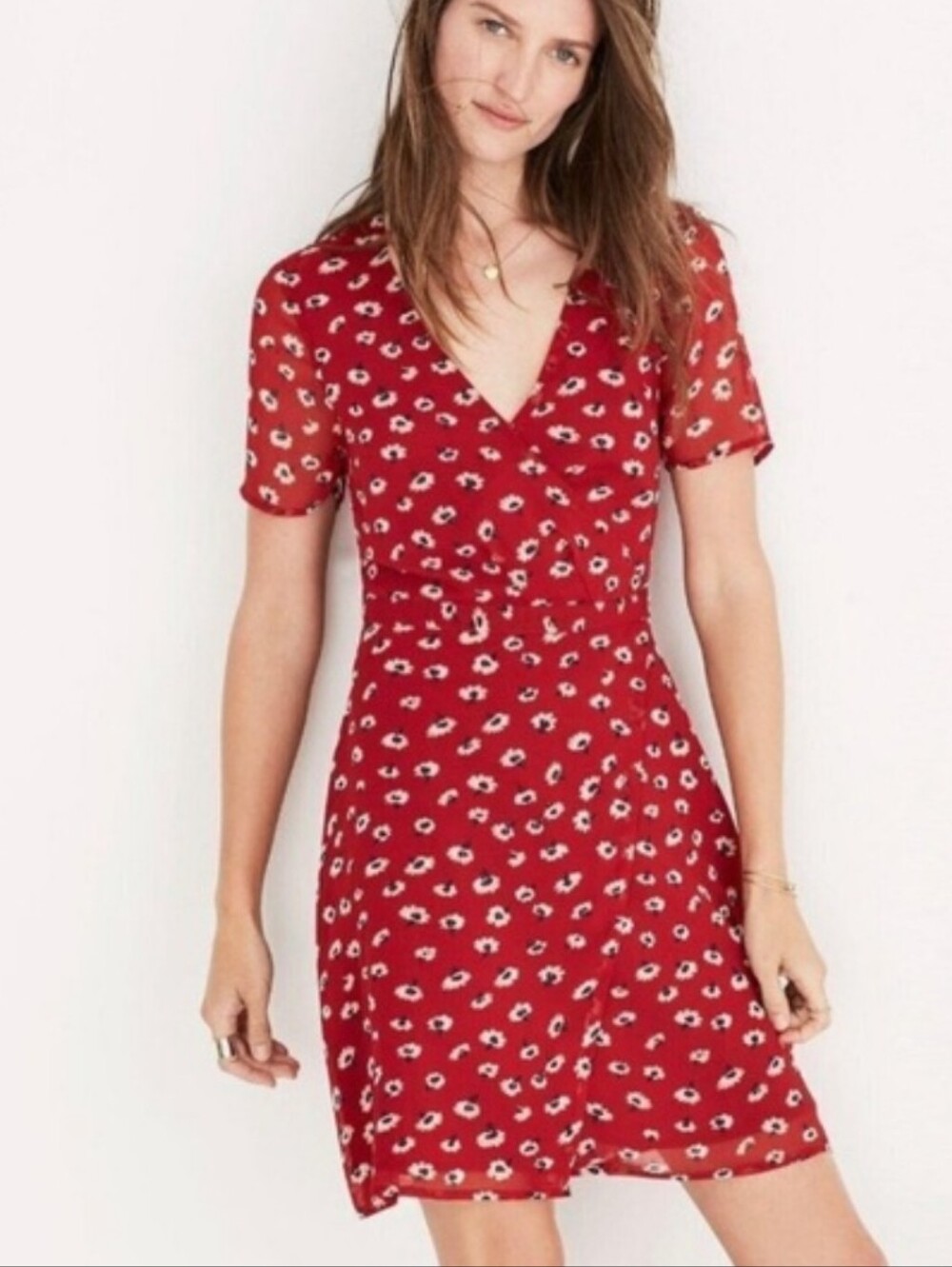 Madewell Red Floral V‑Neck Mini Dress